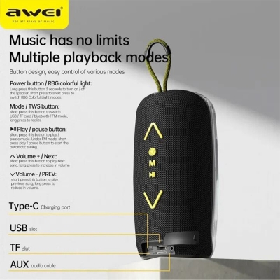 Picture of Awei KA32 Wireless Speaker HiFi Stereo Sound Treble Bass RGB Light Portable Outdoor Bluetooth Speaker Awei Speaker - Black