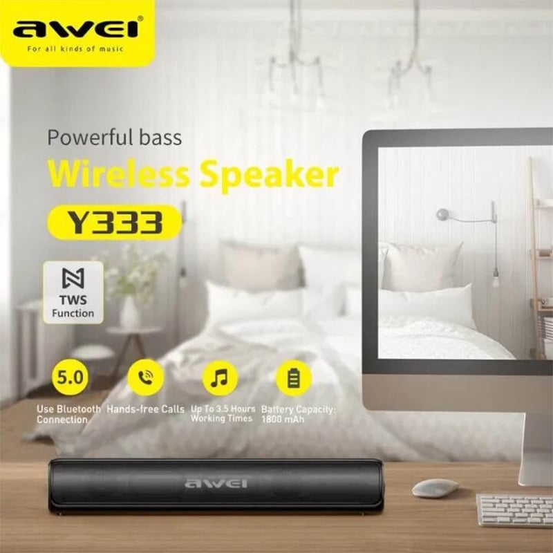 Picture of Awei Y333 TWS Bluetooth soundbar Speaker Portable Music HiFi surround stereo Music Super Bass Sound Waterproof Wireless Connect Speaker support BT 5.0 Micro SD card USB Bar spearker for Home TV Theater Party - Black