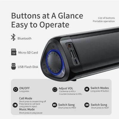 Picture of Awei Y333 TWS Bluetooth soundbar Speaker Portable Music HiFi surround stereo Music Super Bass Sound Waterproof Wireless Connect Speaker support BT 5.0 Micro SD card USB Bar spearker for Home TV Theater Party - Black