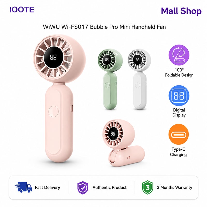 Picture of WiWU Wi-FS017 Bubble Pro Mini Handheld Fan | 3-Speed Portable Cooling Fan, Foldable Design, Mini Rechargeable Travel Fan for Office, Outdoor & Daily Use | 3 Months Warranty