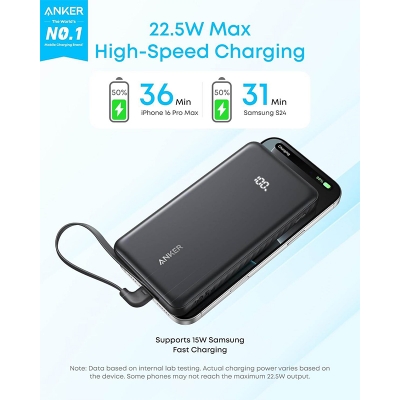Picture of Anker Zolo 10000mAh A110D 10,000mAh 22.5W Fast Charging Power Bank with Built-in USB-C Cable for iPhone 16/17 Series, iPad, Galaxy, Pixel, and More - Black