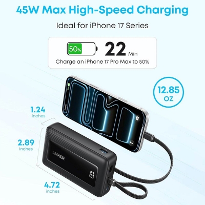 Picture of Anker Zolo A110M 45W Power Bank with Built-in Dual Type-C Cable - 20000mah , Dual Built-in USB-C Cables, USB-C&A Port, for iPhone 17/16 Series, Galaxy, and More - Black
