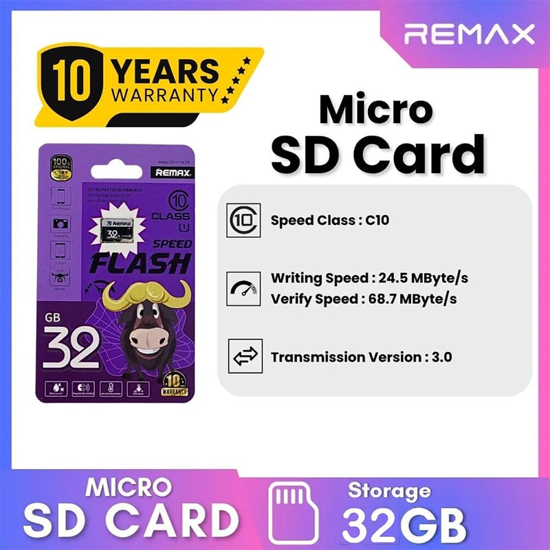 Picture of Remax 32GB Class 10 MicroSDHC Speed Flash Card | 10 Year Warranty - 32GB