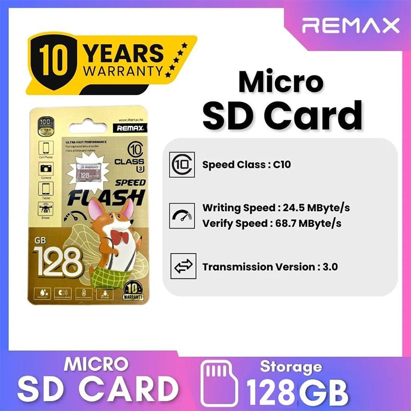 Picture of Remax 128GB MicroSDXC High Speed Flash Card | Class 10 Memory Card with 10 Years Warranty - 128GB