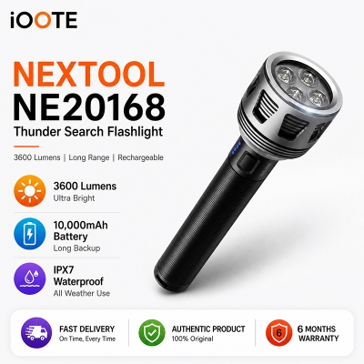 Picture of NEXTOOL Thunder Flashlight, 3600 Lumens LED Searchlight, 10000mAh Rechargeable, 4 Modes, 450m Beam, Type-C Fast Charging, IPX7 Waterproof, Aluminum Body, for Camping, Hiking, Rescue | 6 Months Warranty - Black