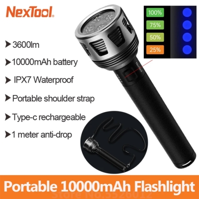 Picture of NEXTOOL Thunder Flashlight, 3600 Lumens LED Searchlight, 10000mAh Rechargeable, 4 Modes, 450m Beam, Type-C Fast Charging, IPX7 Waterproof, Aluminum Body, for Camping, Hiking, Rescue | 6 Months Warranty - Black