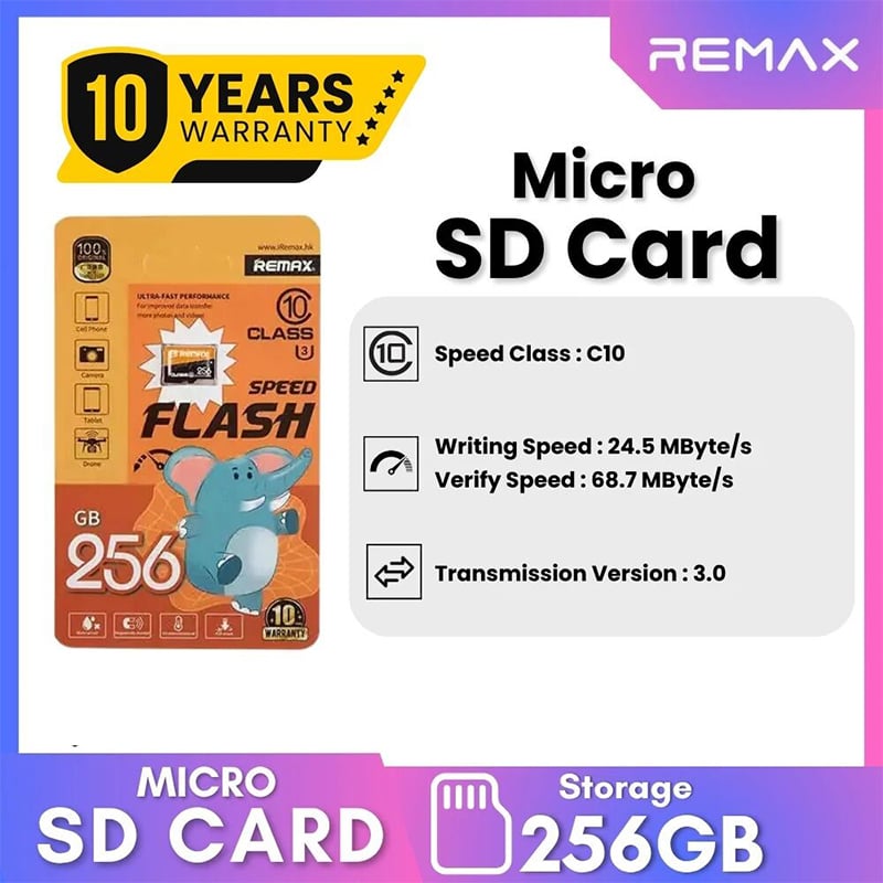 Picture of Remax 256GB microSDXC Memory Card Class 10 High Speed | Flash Super Card | Mobile Camera Storage | 10 Years Warranty - 256GB