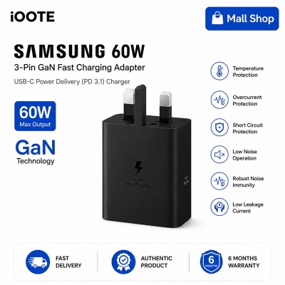 Picture of Samsung 60W 3-Pin GaN Fast Charging Adapter | USB-C Power Delivery (PD 3.1) Charger | Safe & Efficient Power Brick | 6 Months Warranty - Black