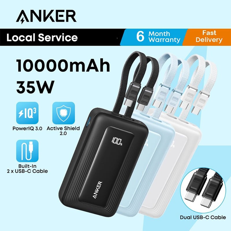 Picture of Anker Zolo Power Bank, Built-in Dual USB-C Cables, 10000mAh 35W Fast Charge Compact and Portable, Compatible with iPhone 16/15, Samsung Galaxy, Google Pixel and More - Black