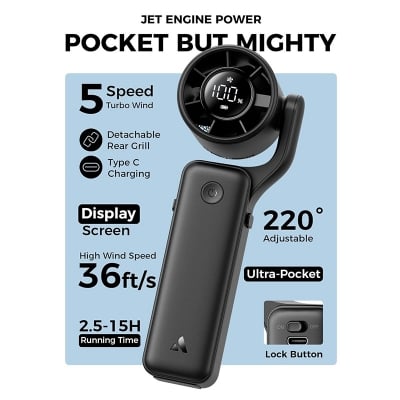 Picture of Aecooly AirGimbal Handheld Fan 3500mAh Portable Handheld Fan, 3 IN 1 Steady Hands Free Powerful Fan, 15000 RPM Jet Force Turbo Airflow, 15H Max Cooling Time, 5 Speeds Air Gimbal, Mini Pocket Design - Black