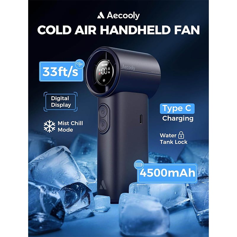 Picture of Aecooly Portable High Speed Misting Fan Cold Air Pro 4500mAh Cold Air Portable Handheld Fan | 14.4°F Drop in 10s | Mist Chill & High Speed Wind | 20H Max Cooling Time | Battery Level Display | Rechargeable Personal Turbo Fan