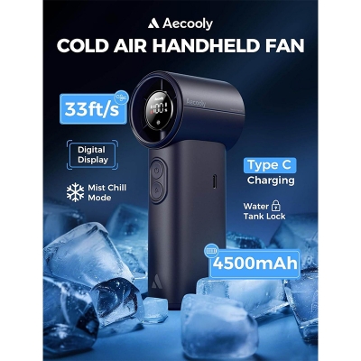 Picture of Aecooly Portable High Speed Misting Fan Cold Air Pro 4500mAh Cold Air Portable Handheld Fan | 14.4°F Drop in 10s | Mist Chill & High Speed Wind | 20H Max Cooling Time | Battery Level Display | Rechargeable Personal Turbo Fan