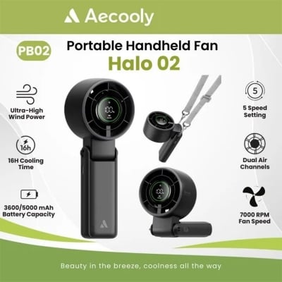 Picture of Aecooly Portable handheld 3in1 Fan Halo 02 5000mAh  3 IN 1 Portable Fan, Turbo Handheld Fan, USB Rechargeable Mini Personal [22H Max Cooling Time], Battery Powered Small Foldable Pocket for Travel, Summer