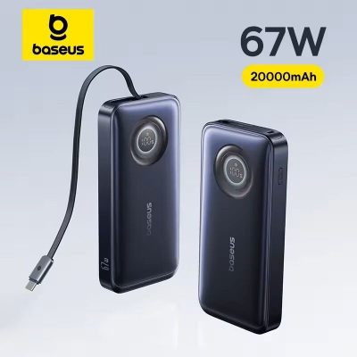Picture of Baseus NOMOS Series 65W 20000mAh Power Bank with Built-in Retractable Type-C Cable, Laptop Portable Charger Built-in Retractable USB C Cable, Fast Charging Battery Pack for Steam Deck, MacBook Pro, iPad, iPhone 16/15 Series, Samsung S23 S22 - Black