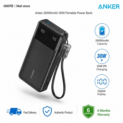 Picture of Anker Powercore 20000mAh 30W Portable Power Bank Charger With USB C Cable Lanyard | 30W PD, Digital Display, 3-Port Fast Charging |  6 Months Warranty - Black
