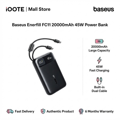 Picture of Baseus Enerfill FC11 20000mAh 45W Power Bank  with Built-in Dual Channel Cable Type-c Lightning | 6 Months Warranty - Black