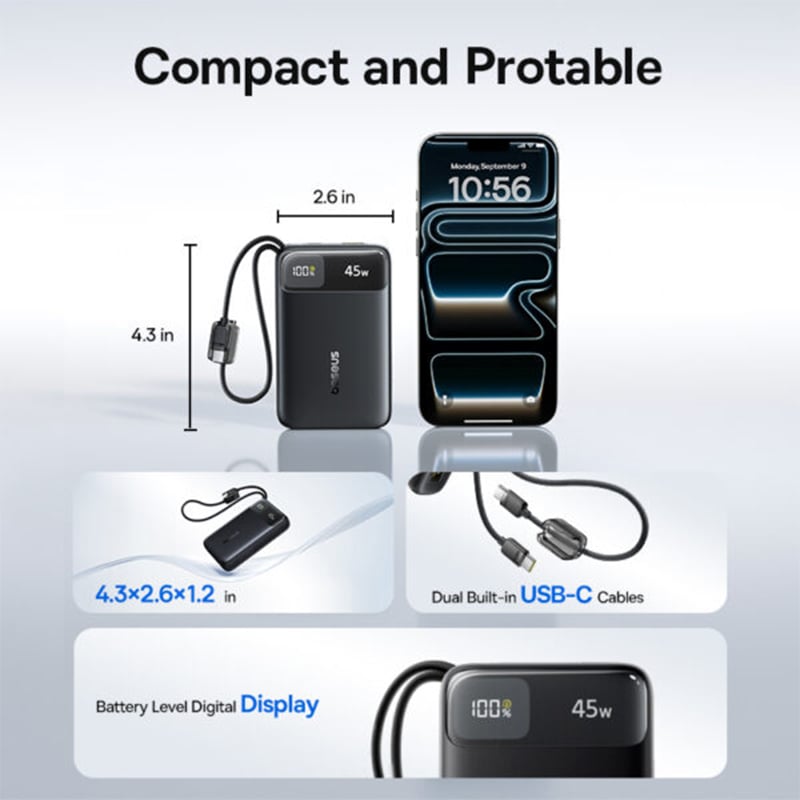Picture of Baseus Enerfill FC11 20000mAh 45W Power Bank  with Built-in Dual Channel Cable Type-c Lightning | 6 Months Warranty - Black