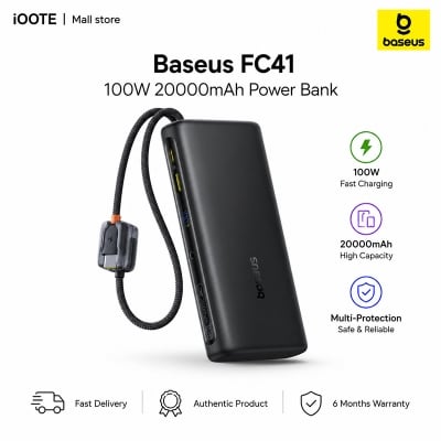 Picture of Baseus FC41 100W 20000mAh Power Bank Built-in Type-c & Lightnign Cable For Macbook Iphone 17 16 15 14 13 12 Samsung s26 S25 Pixel Nothing | 6 months warranty - Black