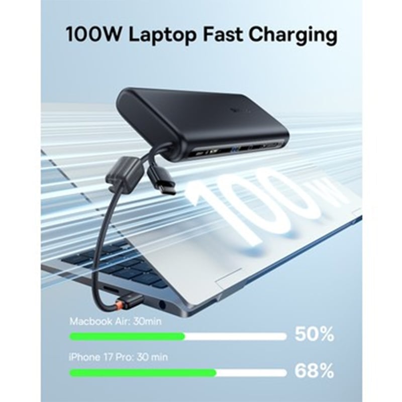 Picture of Baseus FC41 100W 20000mAh Power Bank Built-in Type-c & Lightnign Cable For Macbook Iphone 17 16 15 14 13 12 Samsung s26 S25 Pixel Nothing | 6 months warranty - Black
