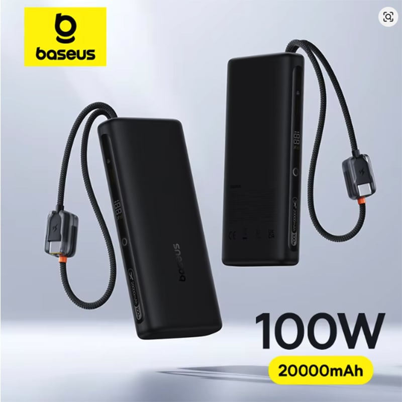Picture of Baseus FC41 100W 20000mAh Power Bank Built-in Type-c & Lightnign Cable For Macbook Iphone 17 16 15 14 13 12 Samsung s26 S25 Pixel Nothing | 6 months warranty - Black