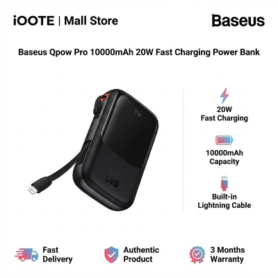 Picture of Baseus Qpow Pro 10000mAh 20W Fast Charging Power Bank with Built-in Lightning Cable | Digital Display | 3 Months Warranty - Black