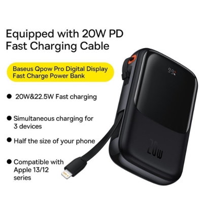 Picture of Baseus Qpow Pro 10000mAh 20W Fast Charging Power Bank with Built-in Lightning Cable | Digital Display | 3 Months Warranty - Black