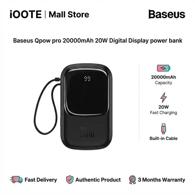 Picture of Baseus Qpow pro 20000mAh 20W Digital Display power bank with fast charging QC/PD/SCP/FCP with built-in Lightning cable black | 3 Months warranty - Black