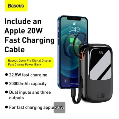 Picture of Baseus Qpow pro 20000mAh 20W Digital Display power bank with fast charging QC/PD/SCP/FCP with built-in Lightning cable black | 3 Months warranty - Black