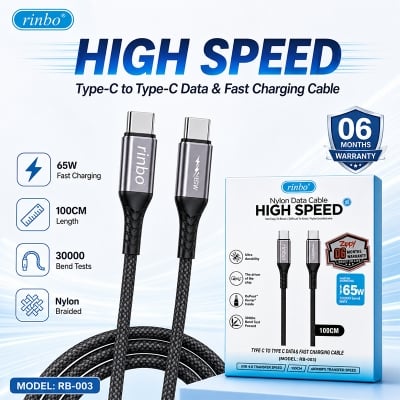 Picture of Rinbo 65W USB-C to USB-C Nylon Braided Fast Charging Data Cable 1M | 6 Months Warranty
