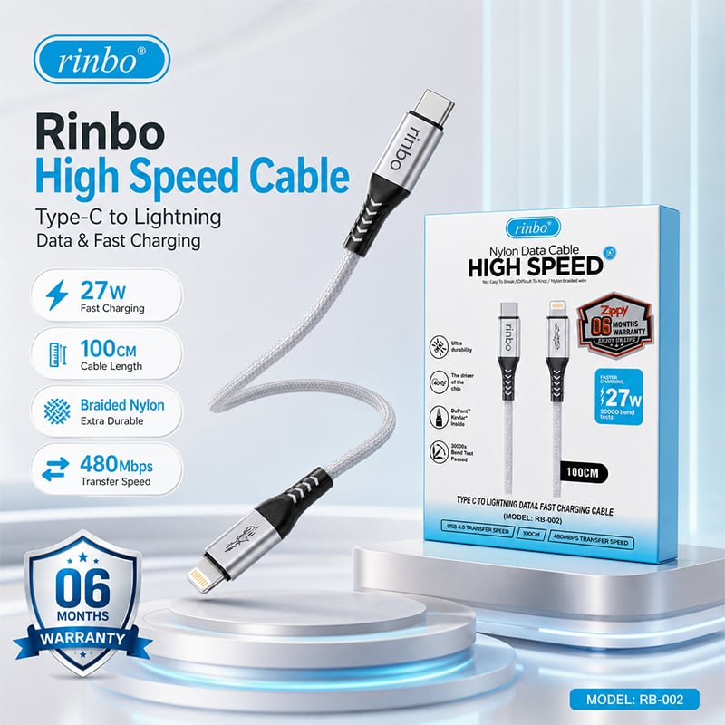 Picture of Rinbo 27W USB-C to Lightning Nylon Braided Fast Charging Data Cable 1M | 6 Months Warranty