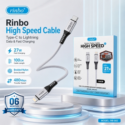 Picture of Rinbo 27W USB-C to Lightning Nylon Braided Fast Charging Data Cable 1M | 6 Months Warranty