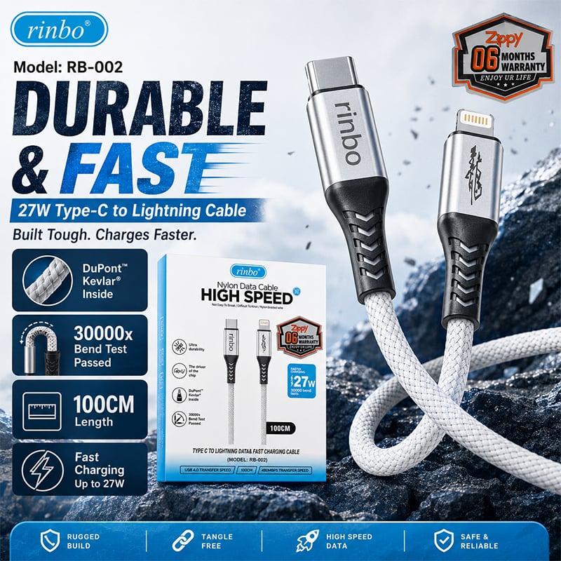 Picture of Rinbo 27W USB-C to Lightning Nylon Braided Fast Charging Data Cable 1M | 6 Months Warranty