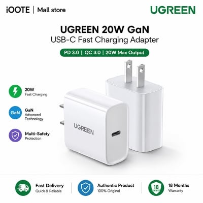 Picture of UGREEN 20W GaN USB-C Fast Charging adapter with PD 3.0 & QC 3.0 | For iPhone 14 Pro Max, 13, 12 & 11 Series | 18 Months Warranty - White