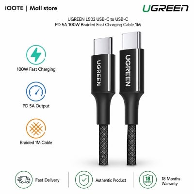 Picture of UGREEN L502 USB-C to USB-C PD 5A 100W Braided Fast Charging Cable 1M | 18 months warranty - Black