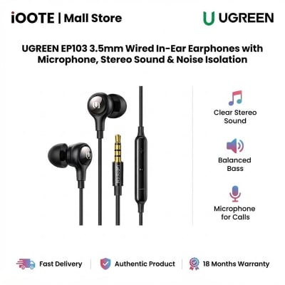 Picture of UGREEN EP103 3.5mm Wired In-Ear Earphones with Microphone, Stereo Sound & Noise Isolation | Compatible with MacBook, PS4/PS5, Android, MP3/MP4 | 18 Months Warranty - Black