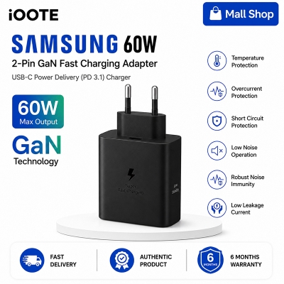 Picture of Samsung 60W 2-Pin GaN Fast Charging Adapter | USB-C Power Delivery (PD 3.1) Charger | Safe & Efficient Power Brick | 6 Months Warranty - Black