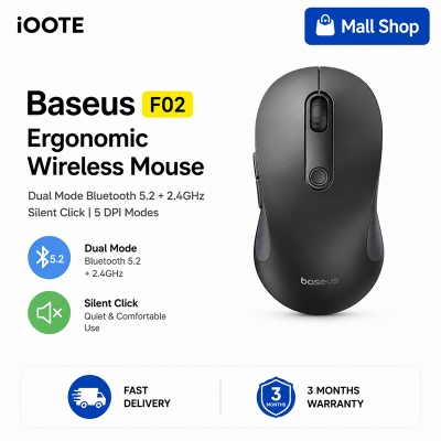 Picture of Baseus F02 Ergonomic Wireless Mouse Dual Mode Bluetooth 5.2 + 2.4GHz Silent Click Rechargeable Mouse with 5 DPI Modes for Laptop PC Mac | 3 Months Warranty - Black