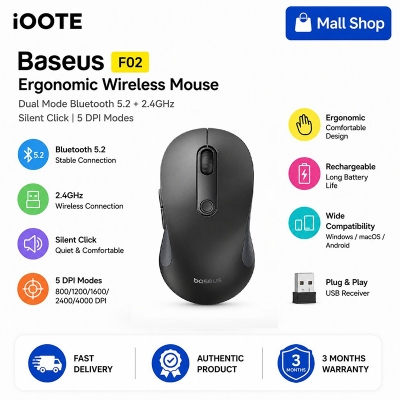 Picture of Baseus F02 Ergonomic Wireless Mouse Dual Mode Bluetooth 5.2 + 2.4GHz Silent Click Rechargeable Mouse with 5 DPI Modes for Laptop PC Mac | 3 Months Warranty - Black