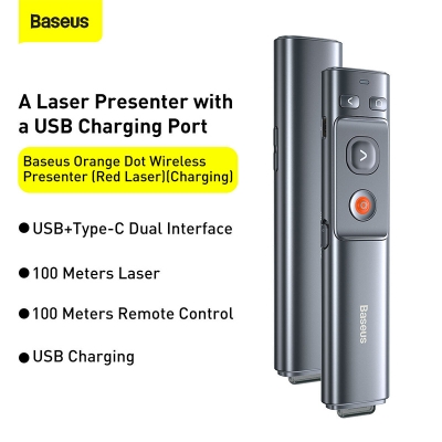 Picture of Baseus ACFYB-0G Orange Dot Dual Mode USB and Type-C Wireless Power Point PPT Flip Pen Presenter Red Laser Pointer - Black