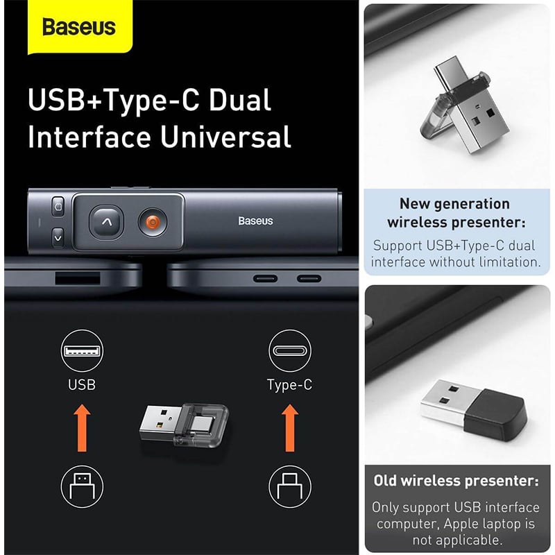 Picture of Baseus ACFYB-0G Orange Dot Dual Mode USB and Type-C Wireless Power Point PPT Flip Pen Presenter Red Laser Pointer - Black