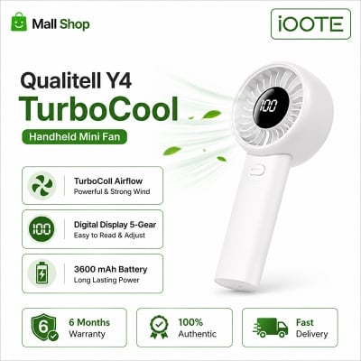 Picture of Qualitell Y4 Digital Display Handheld Fan 3600mAh Rechargeable Portable Mini Fan with 5 Speed Levels USB Type-C Cooling Fan 6 Months Warranty - White