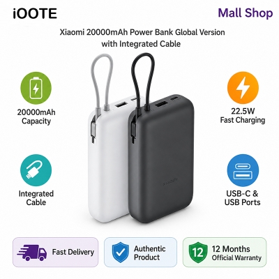 Picture of Xiaomi 20000mAh Power Bank Global Version with Integrated Cable | 22.5W Fast Charging, USB-C & USB Ports | 12 Months Official Warranty