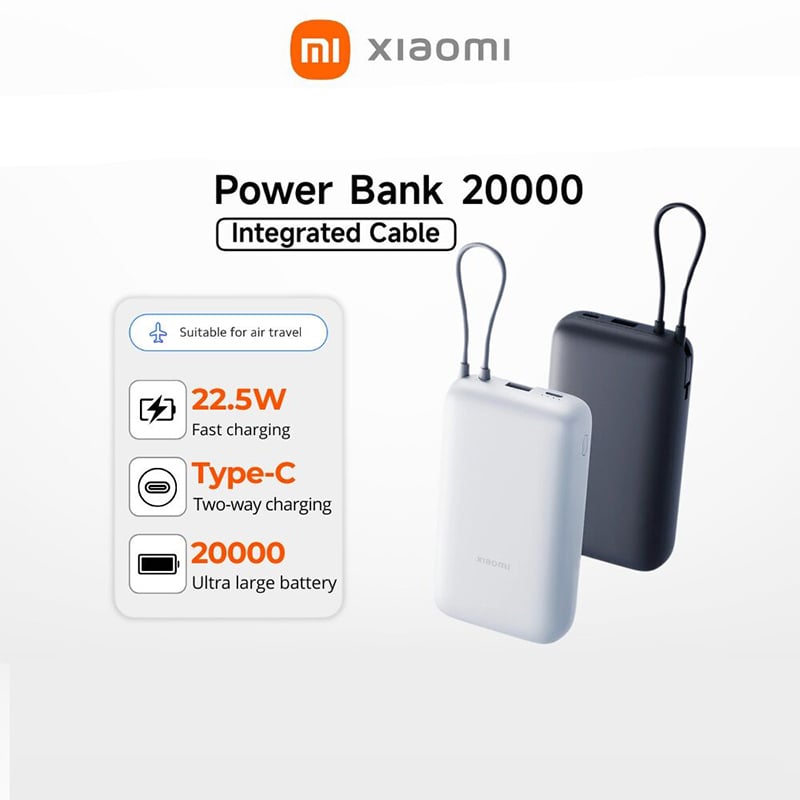 Picture of Xiaomi 20000mAh Power Bank Global Version with Integrated Cable | 22.5W Fast Charging, USB-C & USB Ports | 12 Months Official Warranty