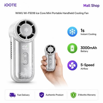 Picture of WiWU Wi-FS018 Ice Core Mini Portable Handheld Cooling Fan | 3000mAh Rechargeable Battery, 1 Second Instant Icy Cooling, 5-Speed Airflow, Quiet Honeycomb Noise Reduction, Dual Ball Bearing Motor, Carabiner Clip | 3 Months Warranty