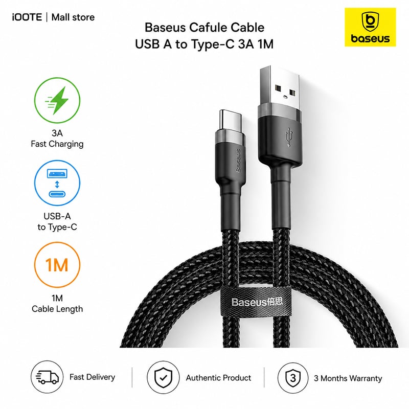 Picture of Baseus Cafule Cable USB A to Type-C 3A 1M | 3 Months warranty - Black