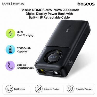 Picture of Baseus NOMOS 30W 74Wh 20000mAh Digital Display Power Bank with Built-in iP Retractable Cable | 3 Months Warranty - Black