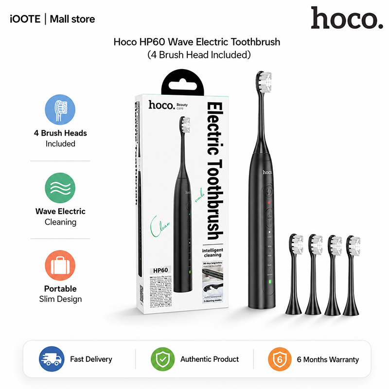 Picture of Hoco HP60 Wave Electric Toothbrush (4 Brush Head Included) | 3 Months Warranty - Black