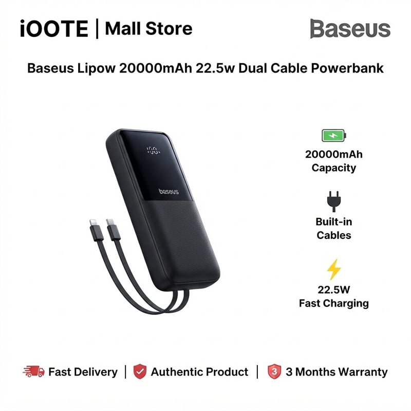 Picture of Baseus Lipow 20000mAh 22.5w Dual Cable Powerbank | 3 Months Warranty - Black