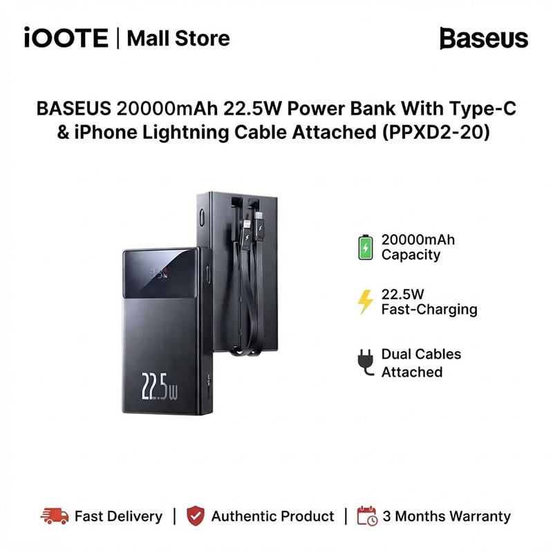 Picture of BASEUS 20000mAh 22.5W Power Bank With Type-C & iPhone Lightning Cable Attached (PPXD2-20) | 3 months Warranty - Black