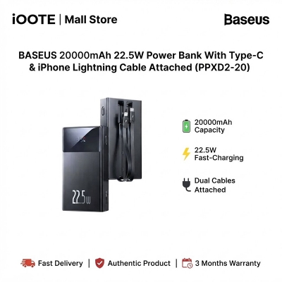 Picture of BASEUS 20000mAh 22.5W Power Bank With Type-C & iPhone Lightning Cable Attached (PPXD2-20) | 3 months Warranty - Black